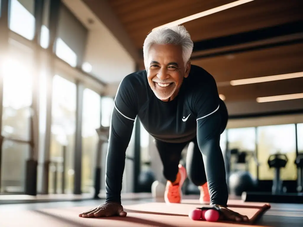 Un adulto mayor sonriendo, estirándose en un gimnasio con luz natural. Transmite vitalidad y longevidad en rutinas de ejercicio para longevidad.