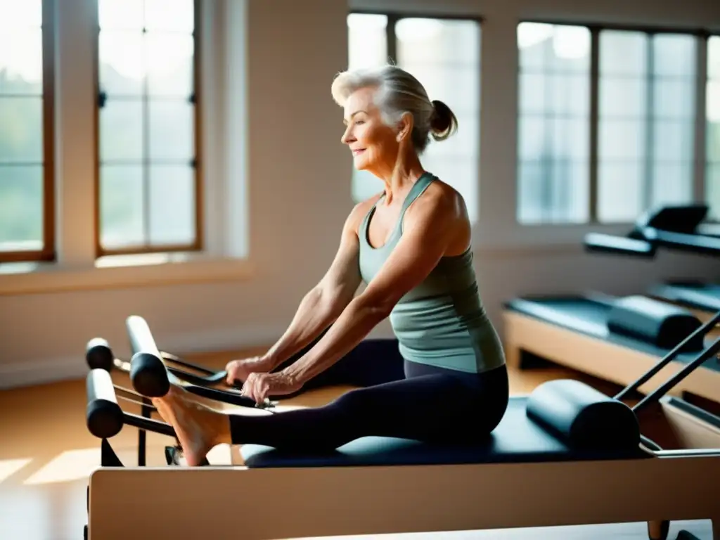 Un adulto mayor practica Pilates para longevidad saludable en un estudio luminoso y moderno, transmitiendo fuerza y serenidad.