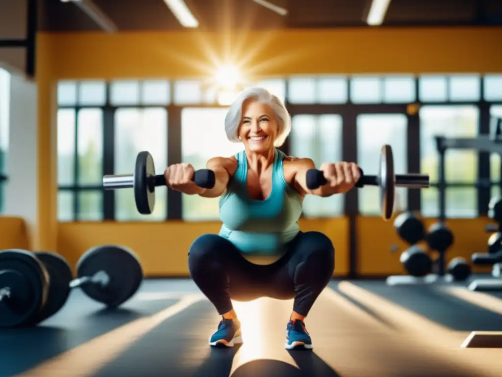 Un adulto mayor sonriente levanta pesas en un gimnasio luminoso y moderno. <b>Encarna la idea de una longevidad saludable con entrenamiento de pesas.