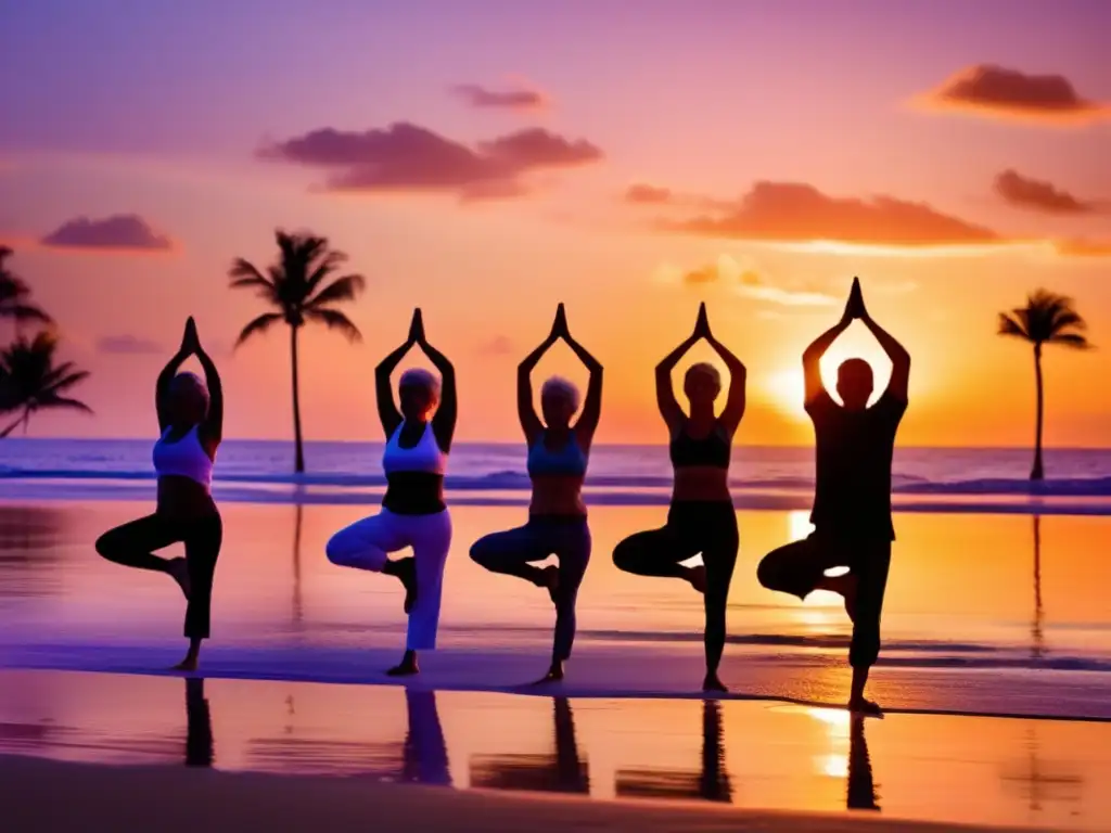 'Varios adultos mayores practican yoga en la playa al amanecer, reflejando paz y tranquilidad. <b>Vida saludable en la playa.'