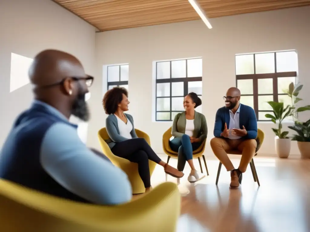 Un ambiente de coaching personalizado para longevidad y bienestar, con personas participando en actividades saludables y conversaciones con el coach.