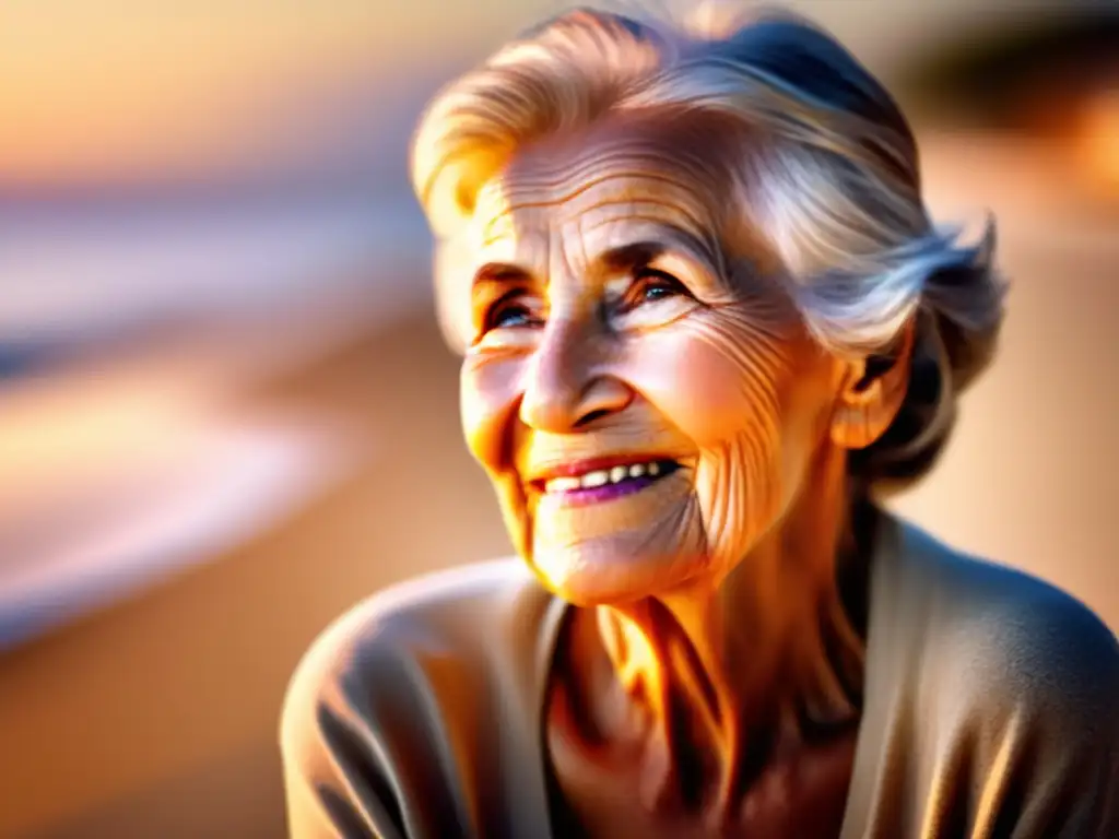 Una anciana irradia belleza bajo el sol en una playa serena, transmitiendo los efectos del sol en longevidad humana.