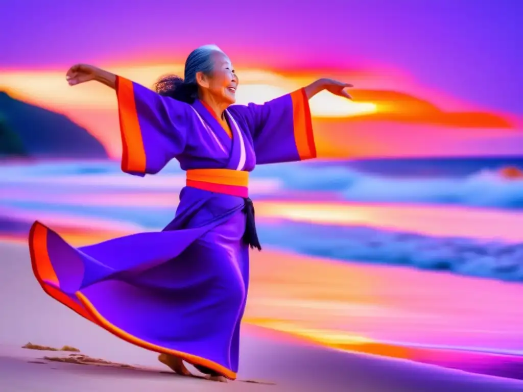 Una anciana de Okinawa baila con gracia en la playa al atardecer, envuelta en un vestido colorido. <b>Su rostro irradia alegría y sabiduría, encarnando la vitalidad eterna de Okinawa.</b> La imagen captura la esencia de la vibrante cultura y el estilo de vida