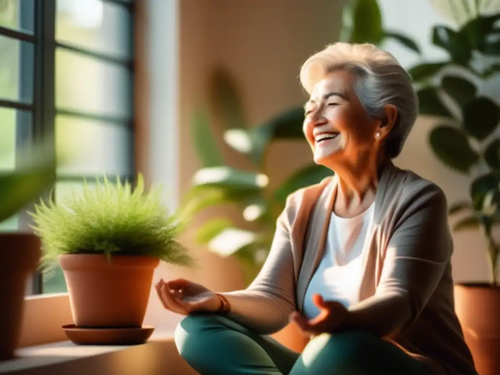 Una anciana sonríe mientras medita rodeada de plantas en una habitación soleada, transmitiendo calma y positividad. <b>Psicología positiva en la vejez.