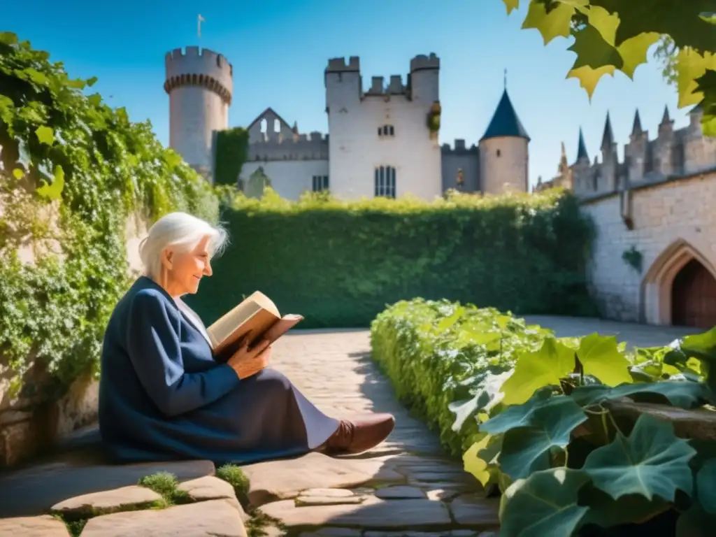 Un anciano con cabello blanco y fino sostiene un libro en un patio soleado rodeado de paredes de piedra cubiertas de hiedra. <b>Al fondo, un majestuoso castillo medieval se alza bajo el cielo azul.</b> La escena irradia historia, sabiduría y resistencia, capturando la