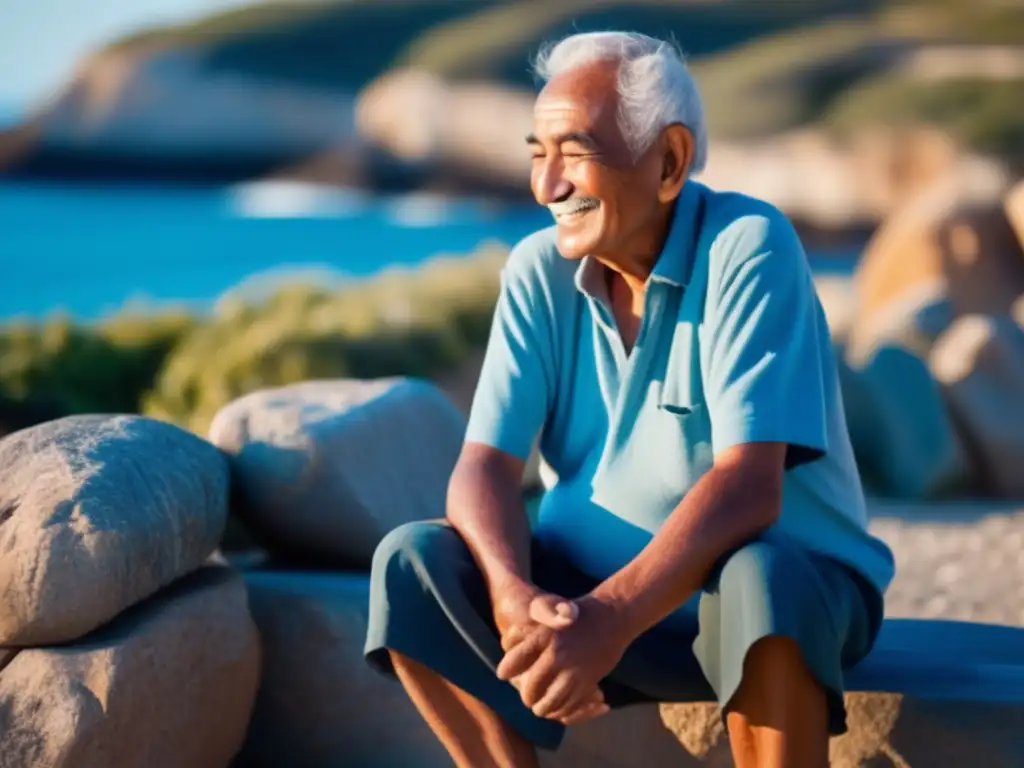 Un anciano sonríe con calma en un banco de piedra, contemplando la serena costa azul. Refleja la longevidad y la tranquilidad de las zonas azules.