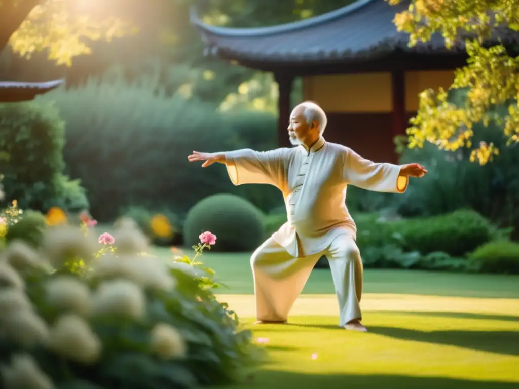 Un anciano practicando tai chi en un jardín soleado y exuberante, rodeado de flores vibrantes. <b>Captura la esencia de 'Consejos para una vida longeva'.