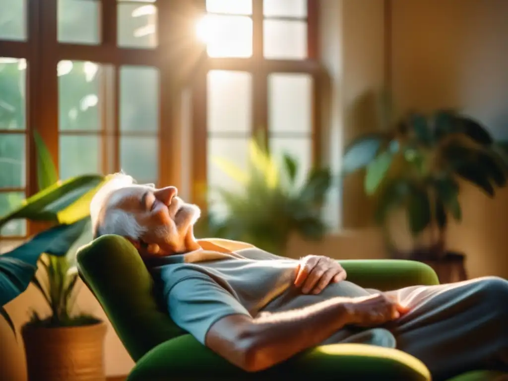 Un anciano descansa plácidamente en una habitación bañada por la cálida luz del sol, disfrutando de los beneficios de la siesta en longevidad.