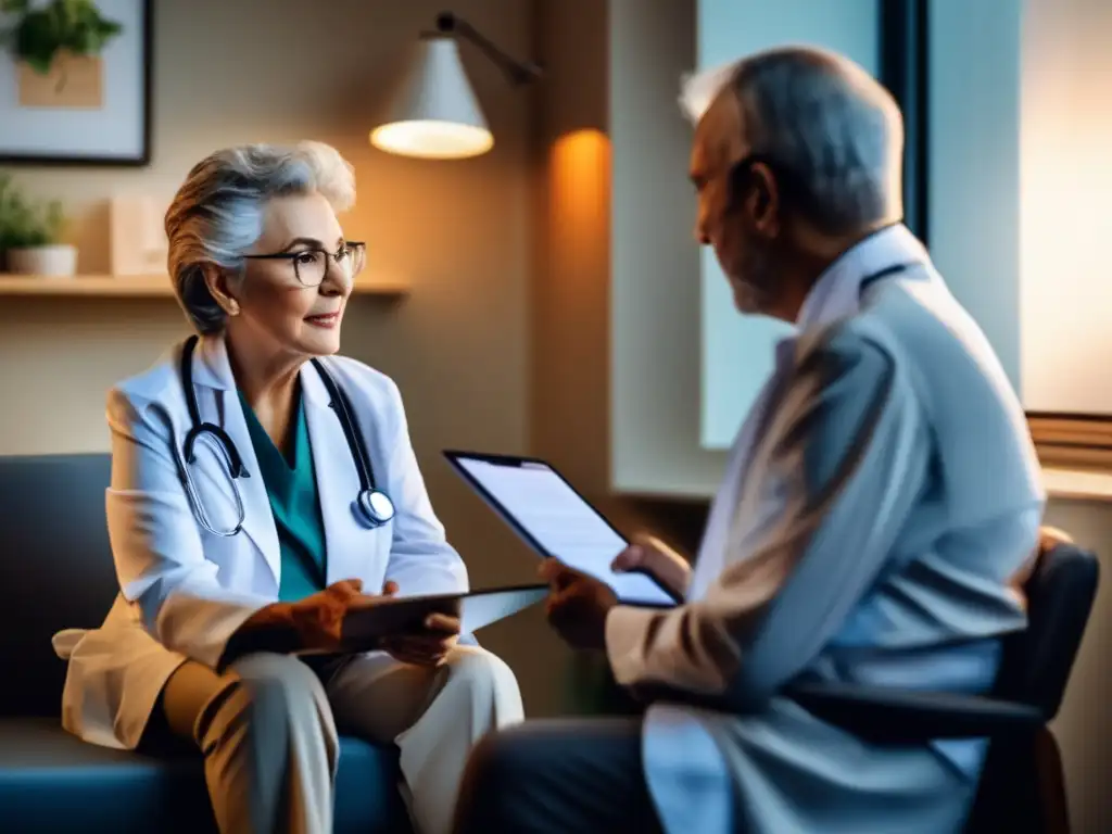 Un anciano conversa con un médico comprensivo en una consulta iluminada por luz natural. <b>Se discute la intervención ética en medicina de longevidad.