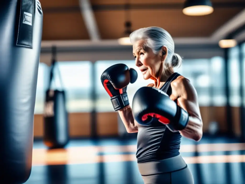 Un anciano se entrena con determinación en un moderno gimnasio, rodeado de equipos de boxeo para longevidad. La imagen irradia fuerza y superación.