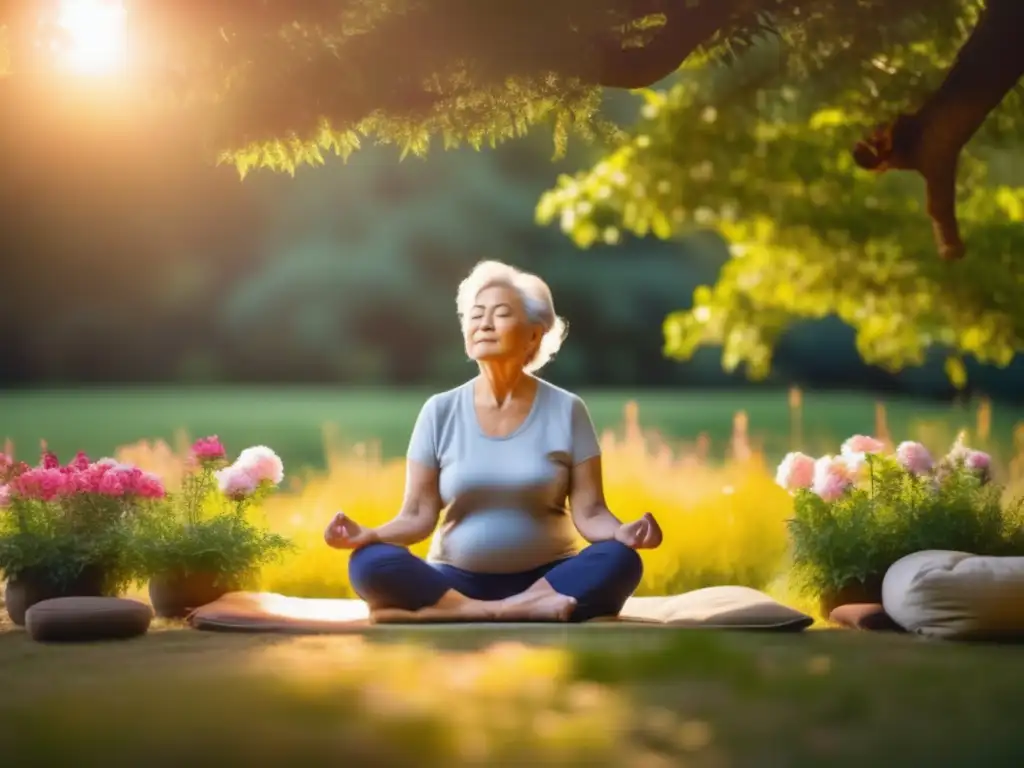 Un anciano practica mindfulness en la naturaleza, irradiando calma y serenidad. <b>Mindfulness para seniors longevidad saludable.