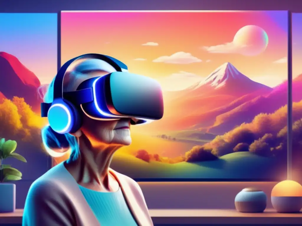 Un anciano disfruta de la realidad virtual en un entorno sereno y vibrante, promoviendo el bienestar mental y la relajación.