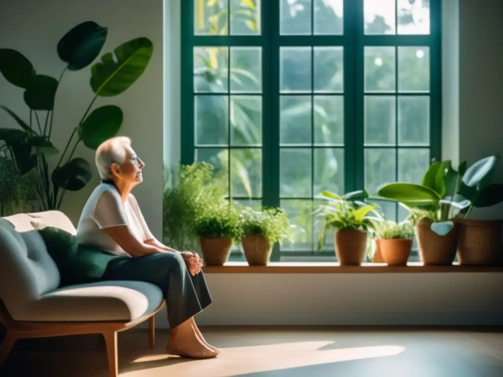 Un anciano reflexivo en un ambiente tranquilo y luminoso rodeado de plantas verdes. <b>Transmite sabiduría y paz.</b> <b>Abordaje ético decisiones fin vida.