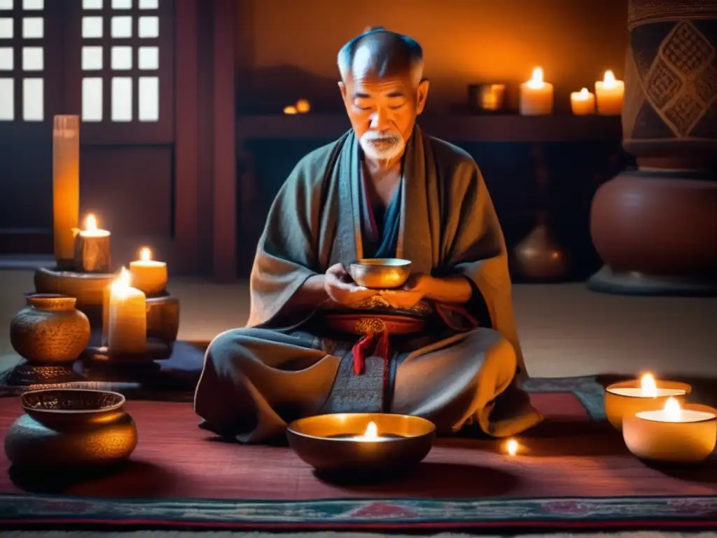 Un anciano en ropa tradicional medita en una habitación iluminada por velas, sosteniendo una taza de té. <b>La imagen transmite sabiduría y tranquilidad, invitando a reflexionar sobre los beneficios del ayuno para longevidad.