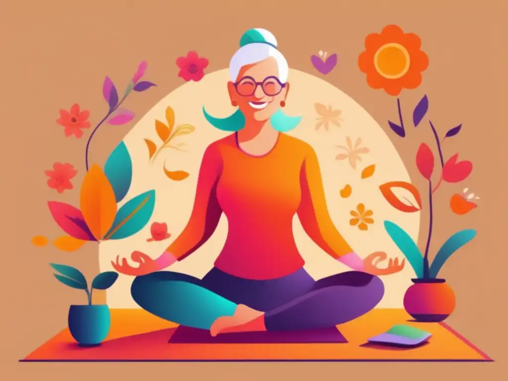 Un anciano practica yoga, participa en servicio comunitario y disfruta interacciones sociales significativas, mostrando vitalidad y sabiduría. Ilustración digital moderna que promueve la Ética en la longevidad humana.