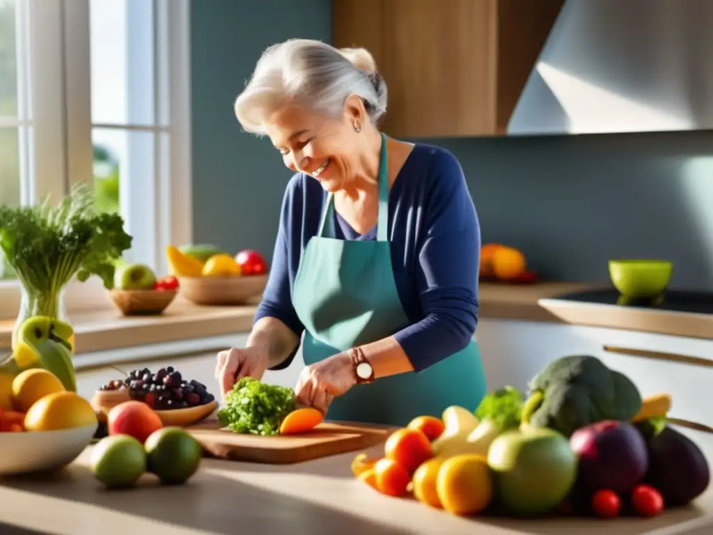 Un anciano sonriente prepara una comida colorida y nutritiva en una cocina moderna y luminosa, rodeado de frutas, verduras y granos enteros. <b>La luz del sol resalta los ingredientes mientras la persona corta y cocina con destreza, irradiando vitalidad y salud.</b> La imagen captura la esencia de há