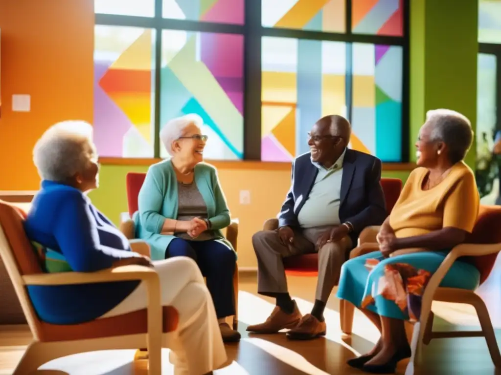 Un animado grupo de ancianos conversando en un centro comunitario, con luz solar cálida y ambiente inclusivo. <b>Impacto políticas públicas longevidad.