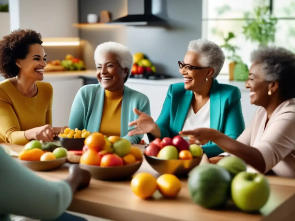 Un animado grupo de personas mayores disfruta de una conversación en una cocina moderna, rodeados de frutas y vegetales. <b>Transmiten vitalidad y longevidad al compartir sobre los beneficios del ayuno intermitente.