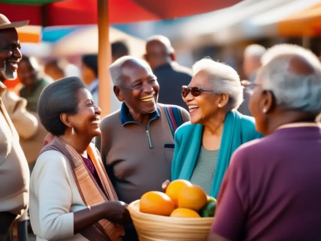 Un animado mercado al aire libre con personas mayores de diversos orígenes disfrutando de la vida. <b>Factores socioeconómicos longevidad humana.