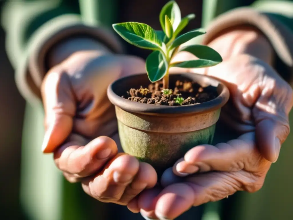 Las arrugadas manos de una persona mayor sostienen una planta, simbolizando la belleza y la autonomía personal en longevidad.