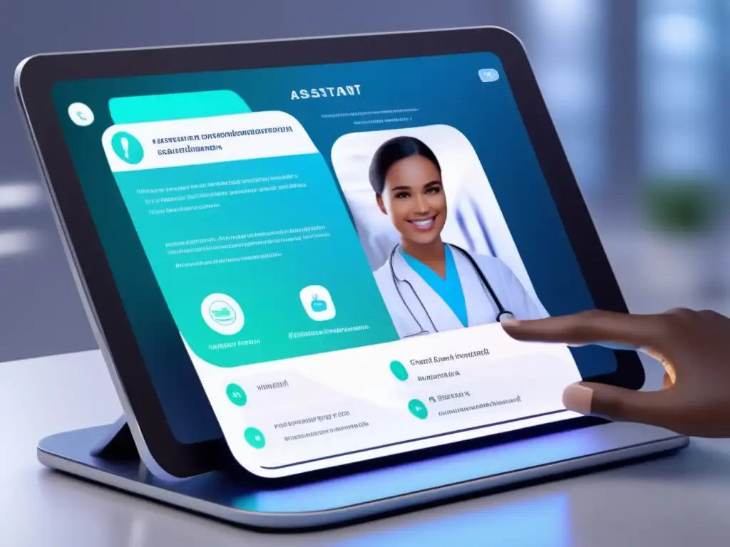 Un asistente virtual médico interactúa con un paciente en una interfaz de alta tecnología. <b>Ambiente futurista.</b> <b>Chatbots médicos visitas doctor.