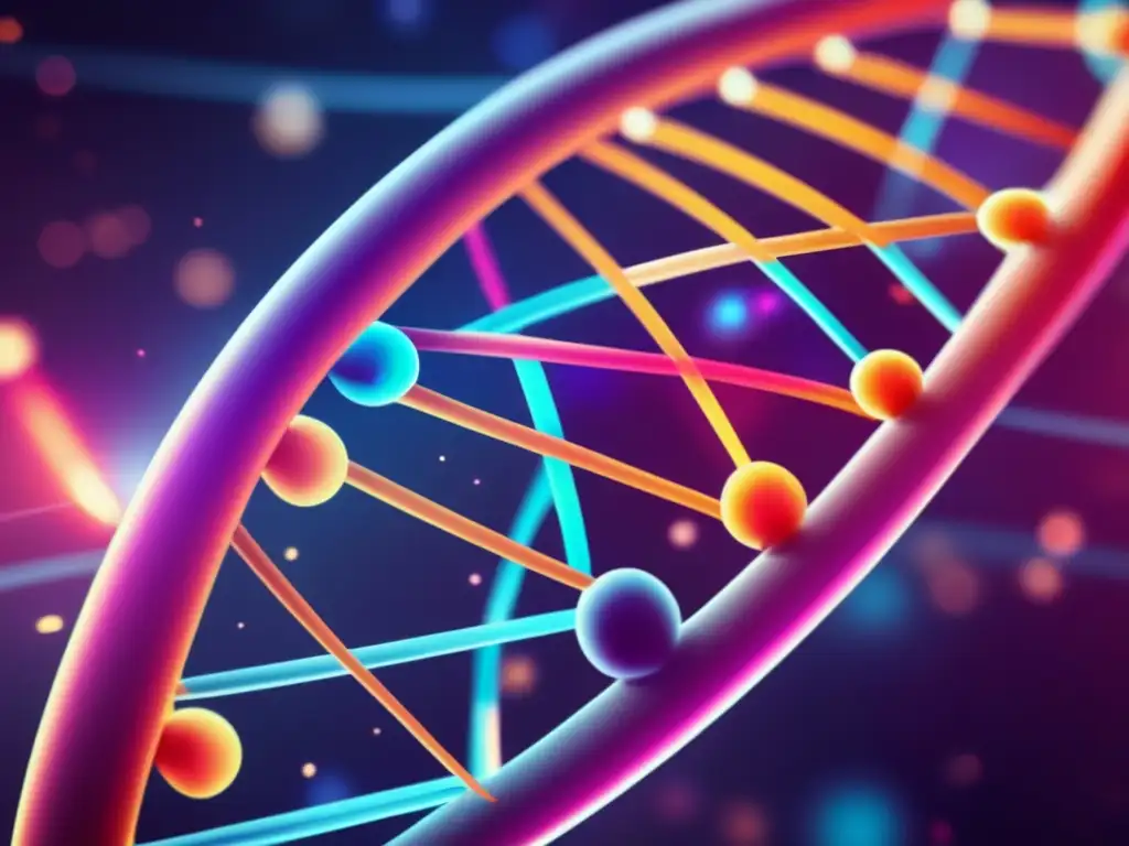 Un asombroso ADN en primer plano, con colores vibrantes que representan marcadores genéticos asociados con un sistema inmunológico fuerte y longevidad. <b>El ADN está rodeado de una red intrincada de células inmunitarias, mostrando su diversidad y complejidad.</b> El fondo es fut