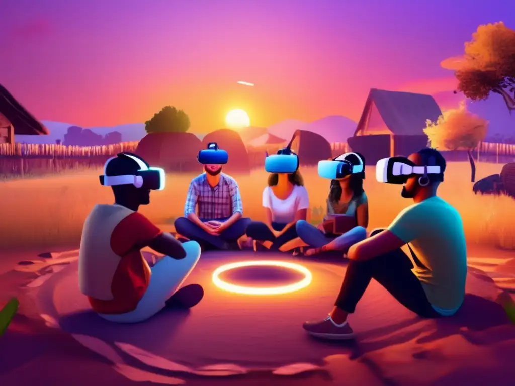 Un atardecer cálido ilumina un grupo en terapia de salud mental con realidad virtual en una remota aldea. <b>Acceso salud mental realidad virtual.