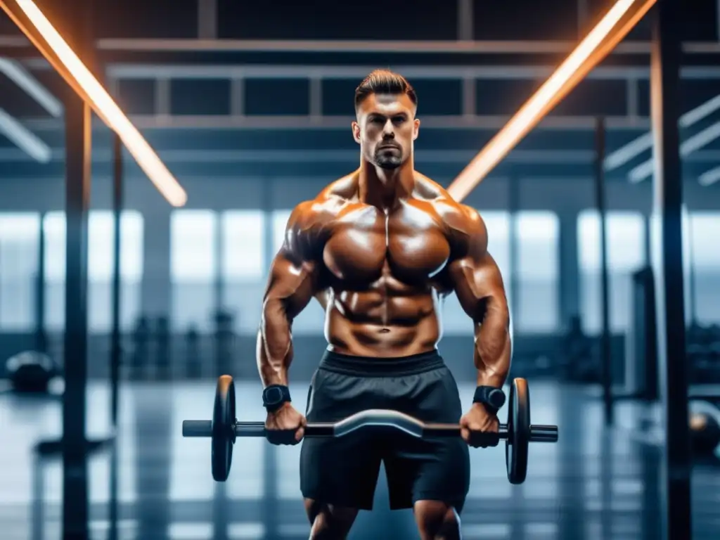 Un atleta musculoso y enfocado realiza ejercicio en un gimnasio futurista, con un brillo de sudor en la piel. <b>Los beneficios del ayuno intermitente se combinan con el entrenamiento físico en esta imagen de intensidad y dedicación.