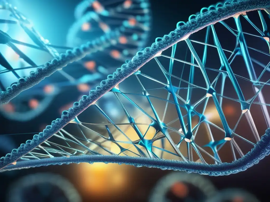 Avances en sirtuinas para longevidad: Imagen de proteínas sirtuinas interactuando con el ADN en un laboratorio futurista.