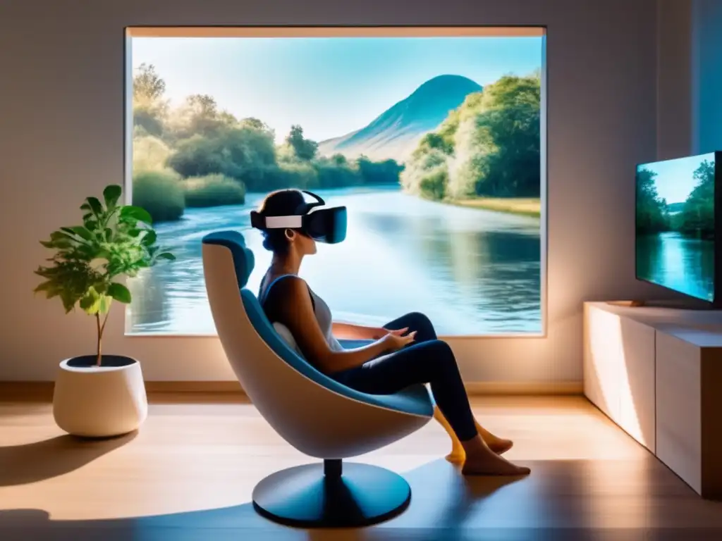 Experiencia de realidad virtual: tranquilidad natural y moderna Disfrutando de los beneficios de la ciberterapia en realidad virtual en un entorno sereno y moderno.
