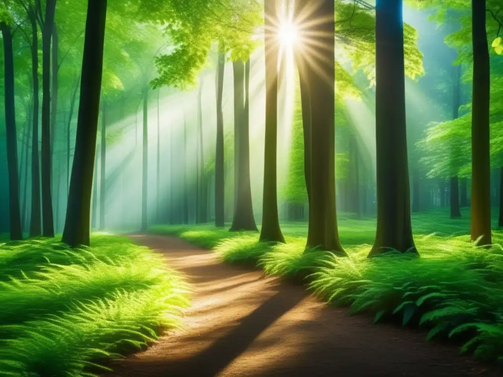 Un bosque exuberante con luz solar filtrada a través de las hojas, creando un efecto moteado en el suelo. La exuberante vegetación y los árboles imponentes transmiten tranquilidad y vitalidad, mientras que el juego de luces y sombras simboliza la compleja interacción de factores ambient