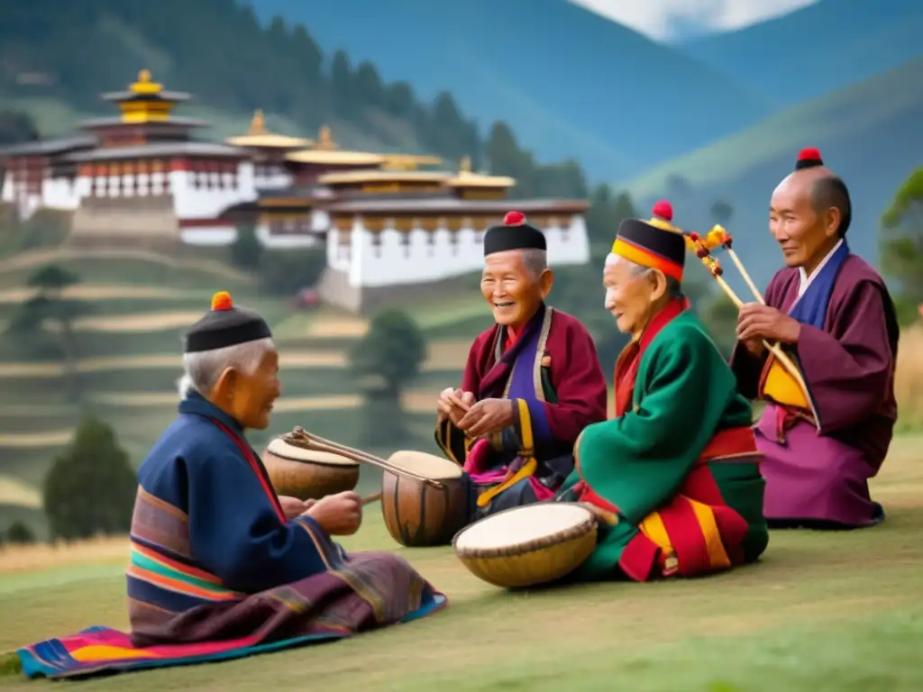 Elders enjoying traditional activities in Bhutan's vibrant landscape, reflejando calidad de vida y longevidad en Bhután.