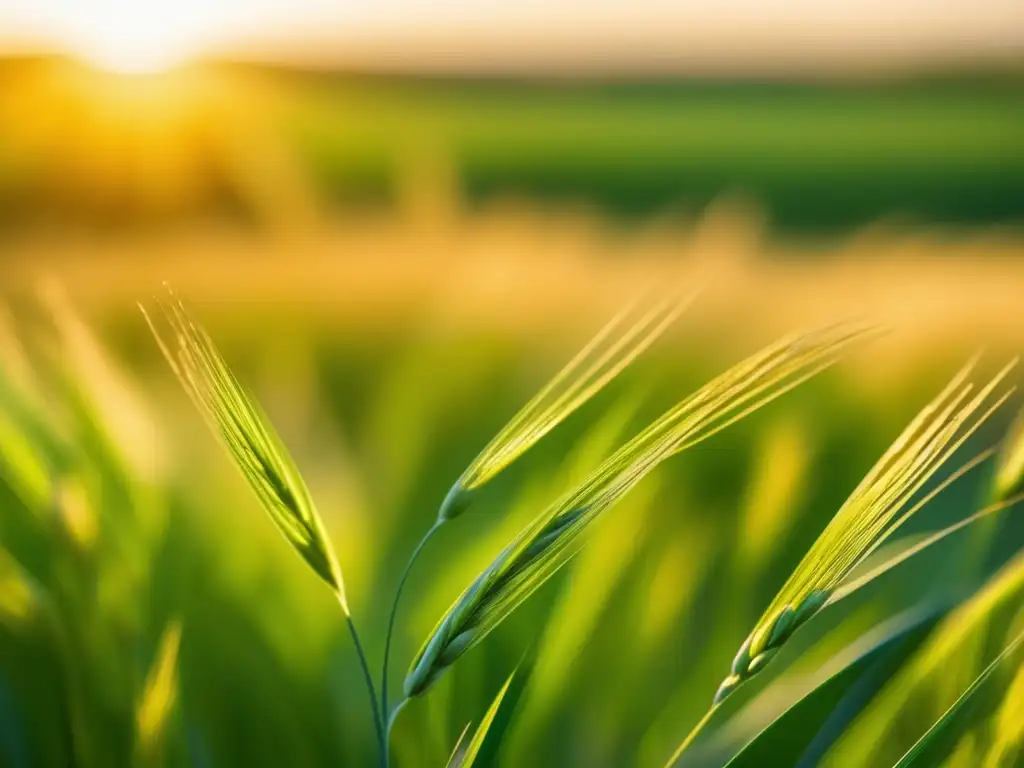 Un campo dorado de cebada bañado por la luz del sol, mostrando vitalidad y belleza natural. <b>Beneficios de la cebada para longevidad.