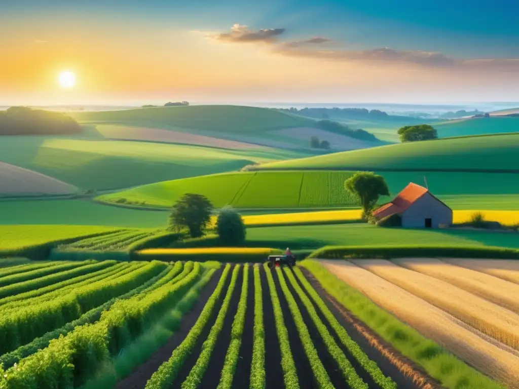 Un campo verde exuberante con cultivos saludables, un agricultor cuidando las plantas y un pueblo al fondo. <b>Transmite armonía y conexión con la tierra.</b> <b>Importancia agricultura local longevidad.