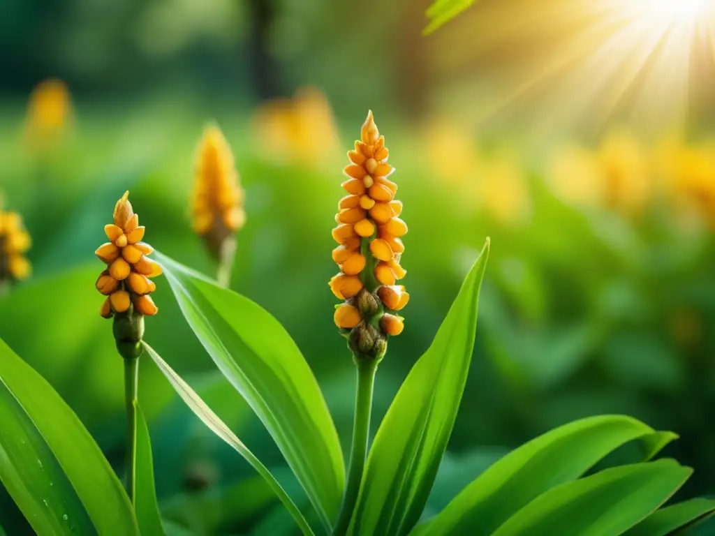 Un campo vibrante de plantas de cúrcuma en flor, con científicos examinando muestras. <b>Beneficios longevos de la cúrcuma.