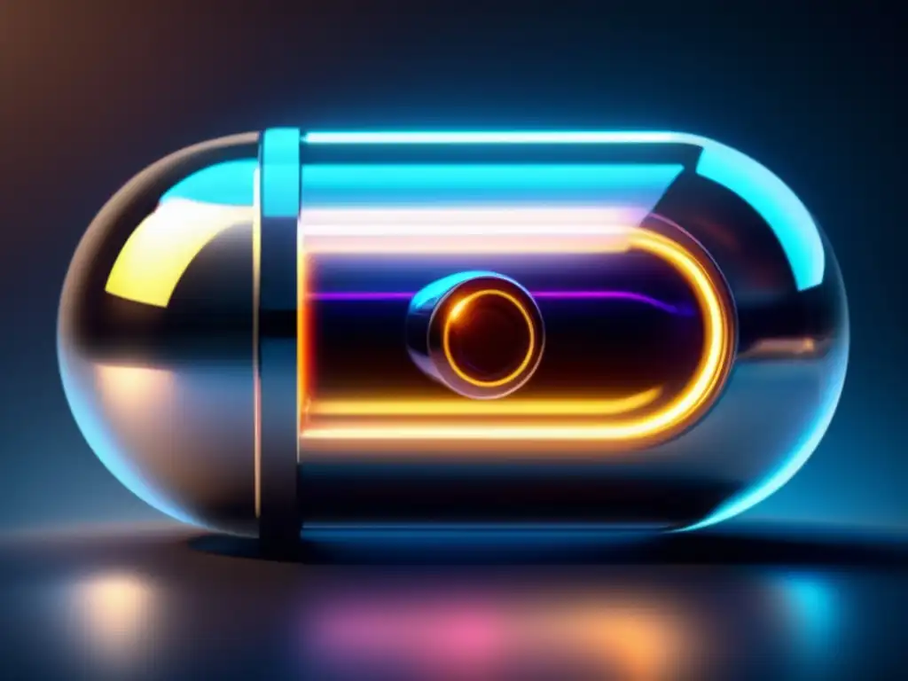 Píldora futurista: cápsula metálica brillante y núcleo luminoso