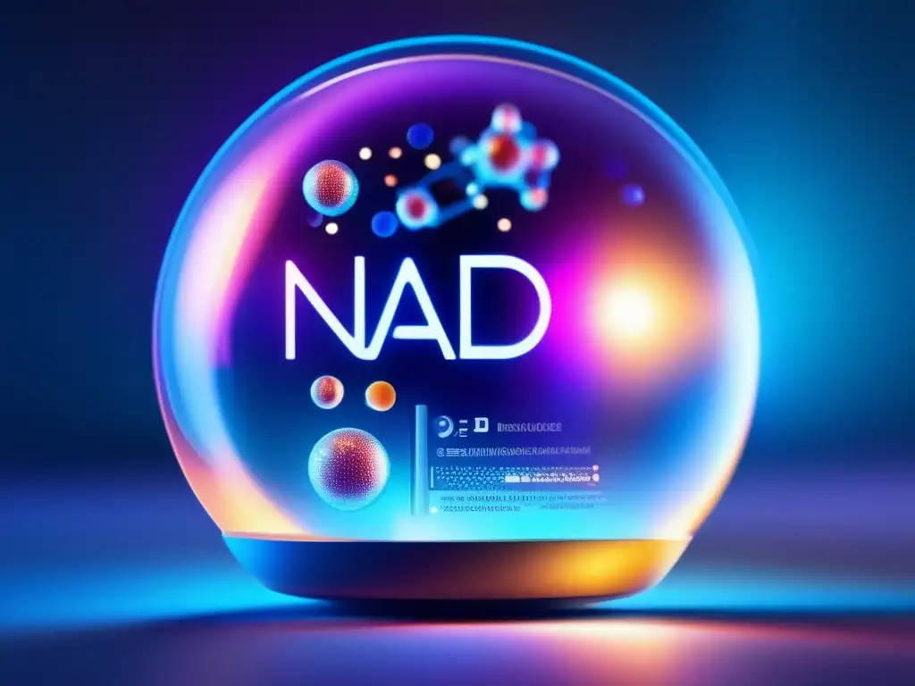 Una cápsula transparente llena de moléculas de NAD+ con luz brillante, en un laboratorio de alta tecnología. <b>NAD+ para longevidad saludable.