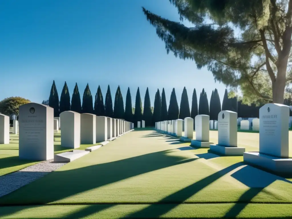 Un cementerio moderno y sereno con lápidas minimalistas, filas perfectas y un cielo azul. <b>El sol proyecta sombras largas, creando paz y reflexión.</b> <b>Al fondo, un edificio moderno refleja la belleza del entorno, simbolizando la longevidad y cambio en relación al