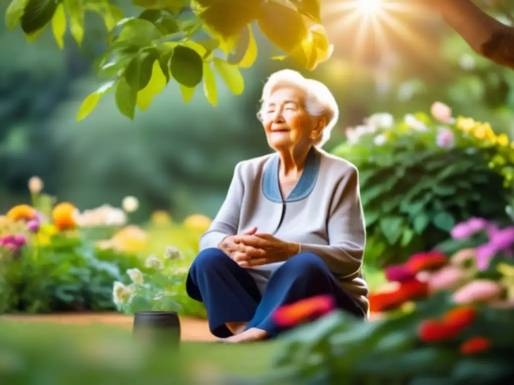 Un centenario practica técnicas de asesoramiento en un jardín sereno, transmitiendo sabiduría y tranquilidad.