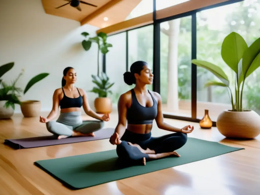 Un centro de bienestar Ayurvédico moderno y sereno con vegetación exuberante, características de agua calmante y arquitectura minimalista. <b>El interior está bañado en luz natural, con esterillas de yoga y cojines de meditación dispuestos en un espacio tranquilo.</b> Un grupo de personas diversas, vestidas con