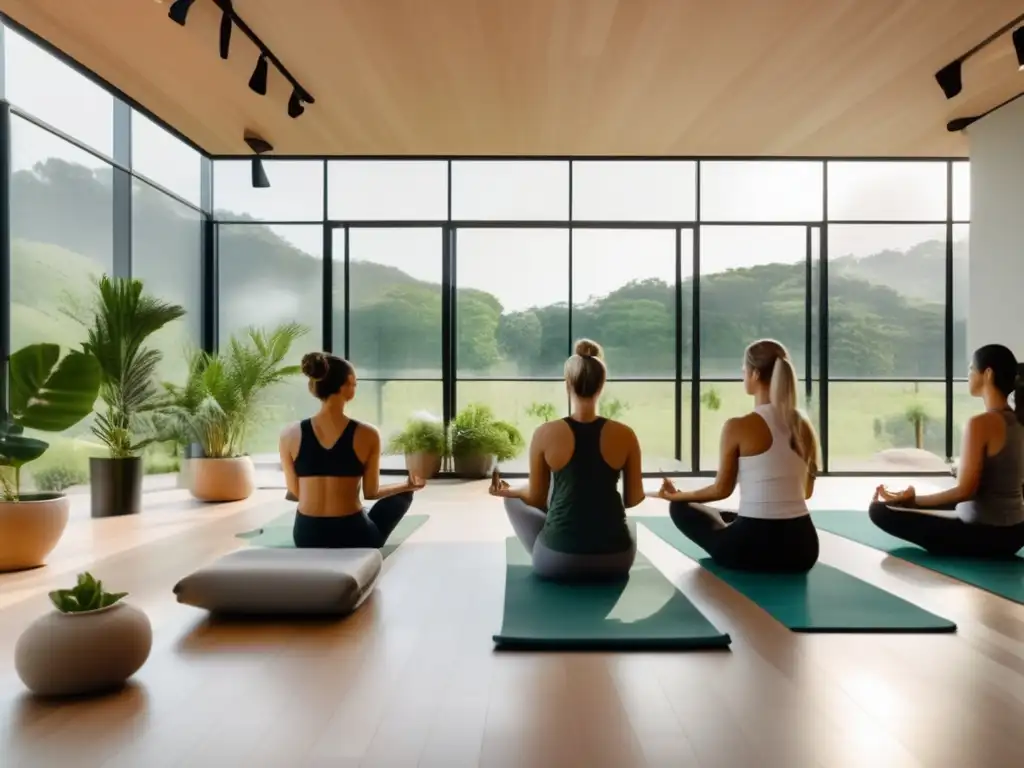 Un centro de bienestar moderno y sereno con vistas a un paisaje verde exuberante. Personas disfrutan de una sesión de yoga rodeadas de plantas, transmitiendo calma y tranquilidad, ideal para programas de desintoxicación y purificación.