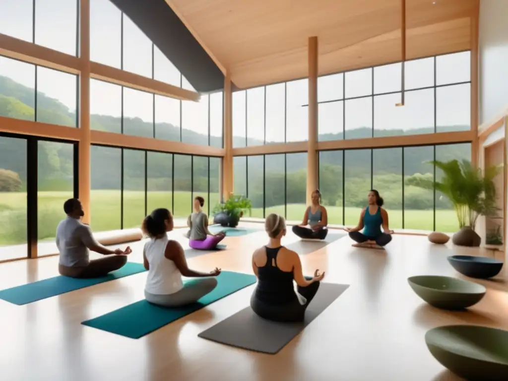 Un centro de bienestar moderno y sereno con grandes ventanales que dan a un paisaje verde. <b>En el interior, luz natural y áreas de descanso minimalistas.</b> Un grupo diverso participa en talleres de regeneración corporal, yoga y meditación, creando una atmósfera calmada y rejuvenecedora.