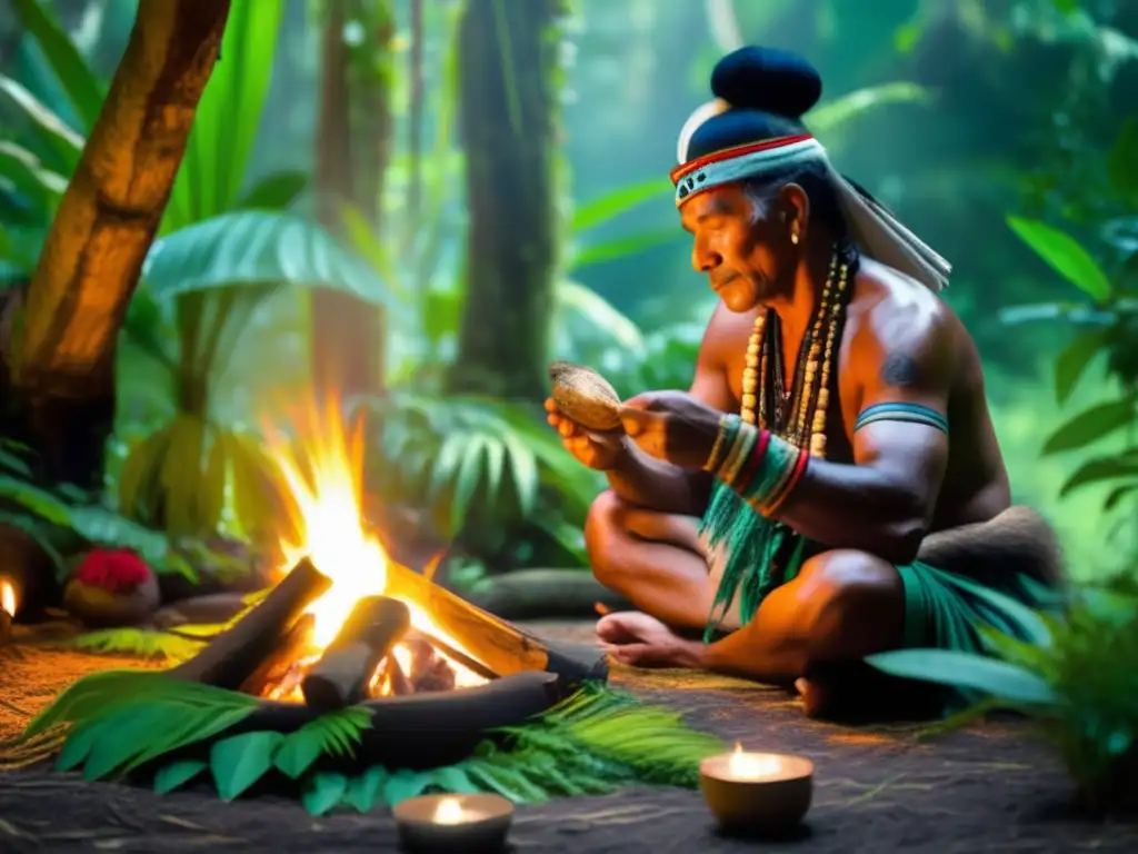 Un chamán realiza un ritual en la selva, rodeado de plantas medicinales. <b>Retiros terapéuticos ancestrales para longevidad.