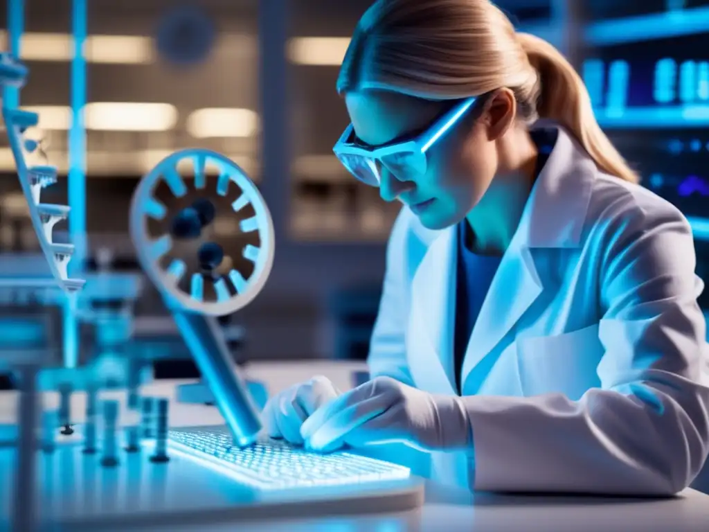Edición precisa del ADN con CRISPR: Innovación científica Un científico en bata blanca manipula con precisión una cadena de ADN bajo un microscopio, con la tecnología de edición genética CRISPR en segundo plano. La expresión del científico refleja intensa concentración, mientras que la iluminación del laboratorio crea un ambiente futurista y de alta