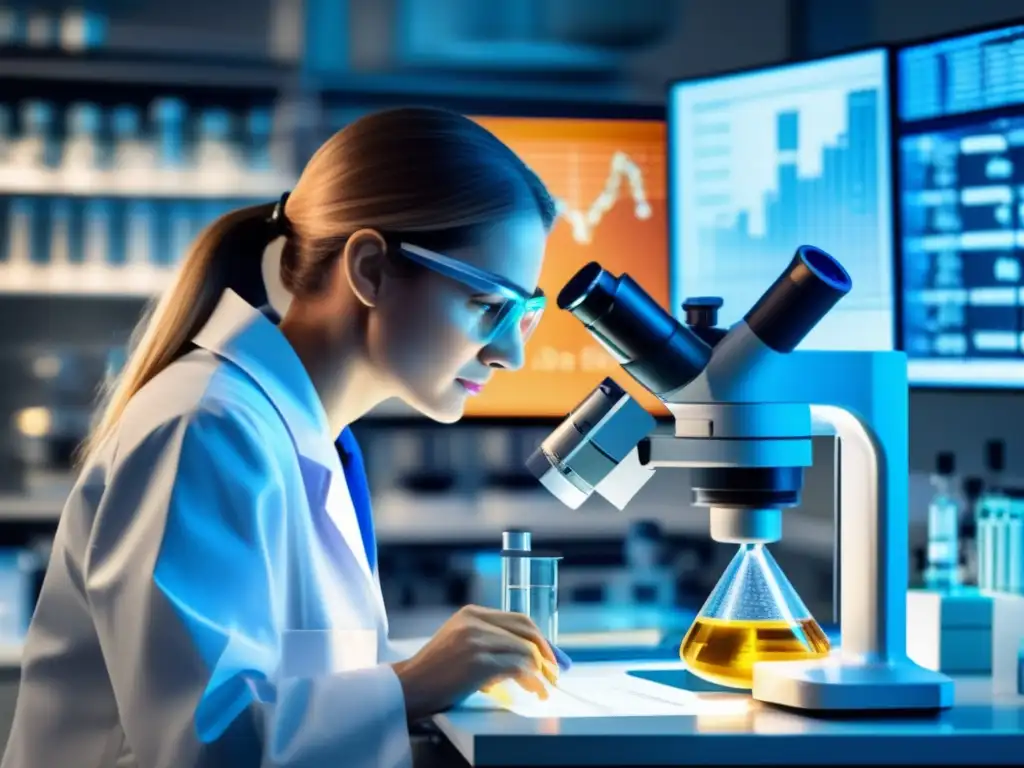 Análisis detallado de vitamina D en laboratorio moderno Un científico analiza la estructura molecular de la vitamina D en un laboratorio moderno. Equipos de vanguardia y datos en pantallas digitales crean un ambiente de precisión y descubrimiento científico, complementando el tema de
