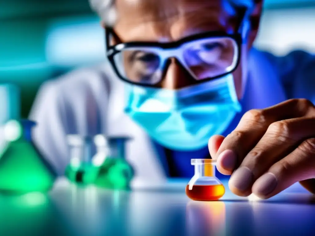 Manipulación experta de DHEA para el envejecimiento saludable Un científico en laboratorio manipula con cuidado un vial de hormona DHEA, resaltando su importancia en el envejecimiento saludable. La imagen transmite precisión científica y conocimiento vanguardista en el estudio de la longevidad.