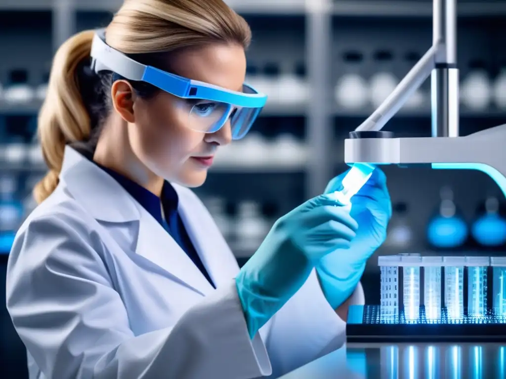 Manipulación ética de ADN con tecnología CRISPR Un científico en un laboratorio moderno manipula ADN con tecnología CRISPR, transmitiendo innovación y responsabilidad ética en la edición genética CRISPR para la longevidad humana.