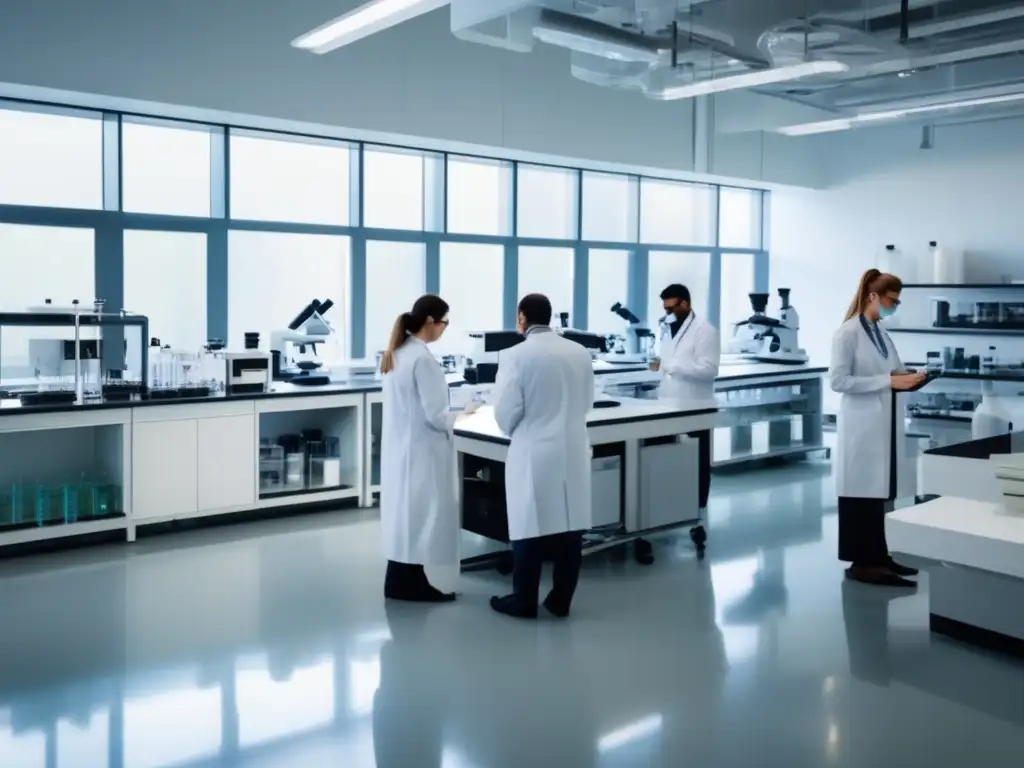 Científicos midiendo compuestos en un laboratorio moderno y sereno. <b>La imagen transmite innovación y dedicación a los beneficios de los miméticos de restricción calórica.