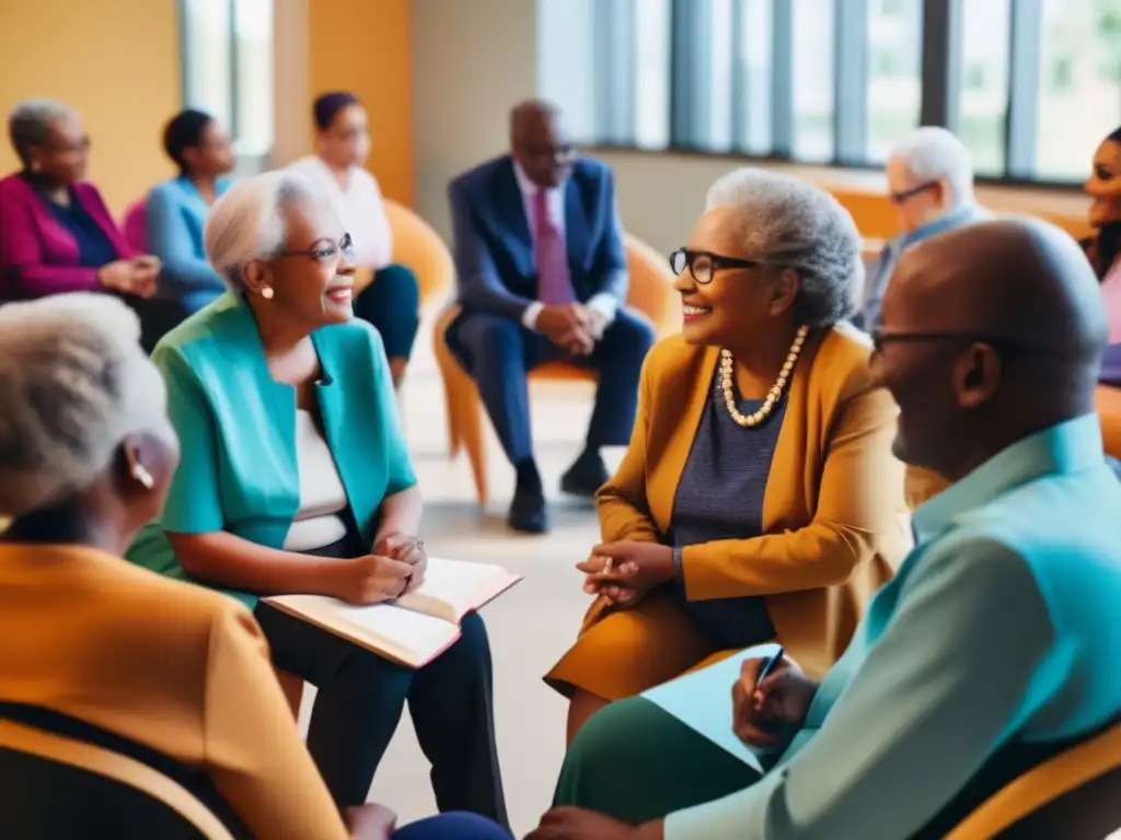 Un círculo de ancianos discute animadamente en un centro comunitario moderno y bien iluminado. Profesionales de la salud diversos escuchan y toman notas, creando una atmósfera de colaboración y toma de decisiones compartida. Los colores vibrantes y la composición dinámica transmiten