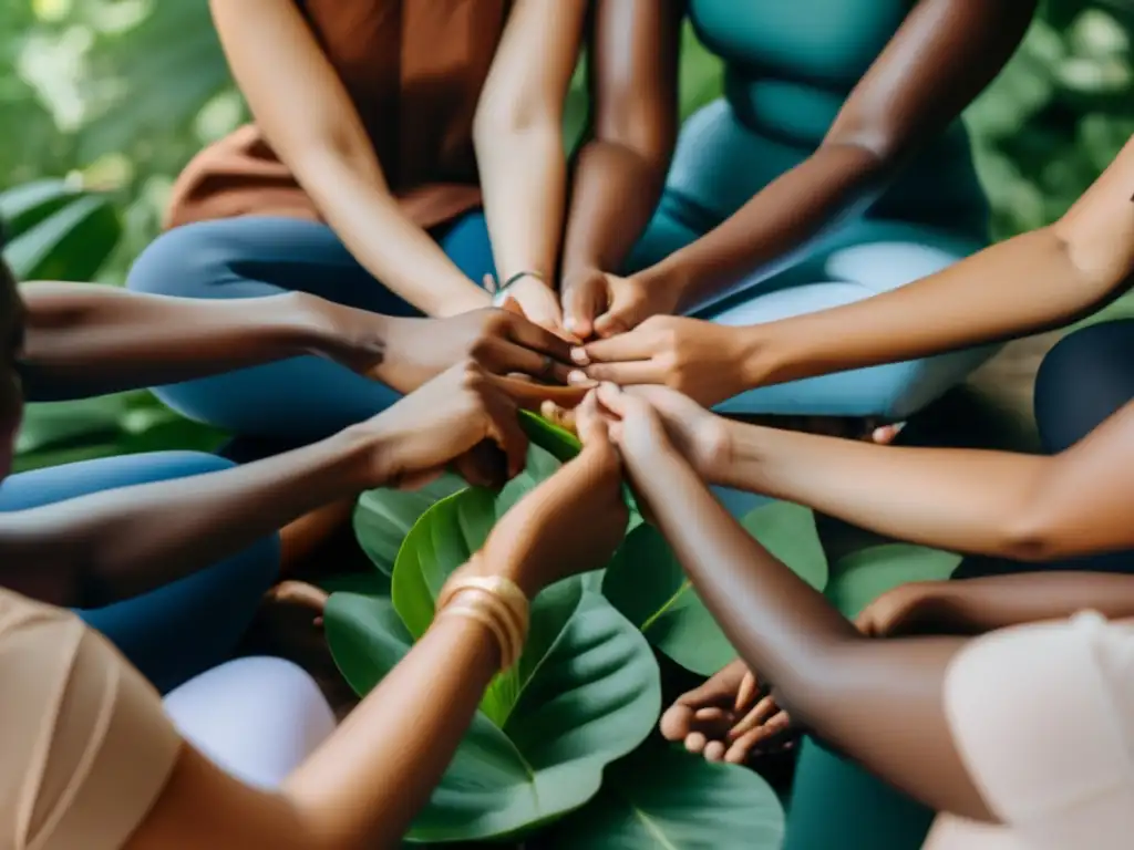 Un círculo de mujeres diversas practicando ayuno intermitente en un entorno natural, irradiando empoderamiento y cuidado personal.